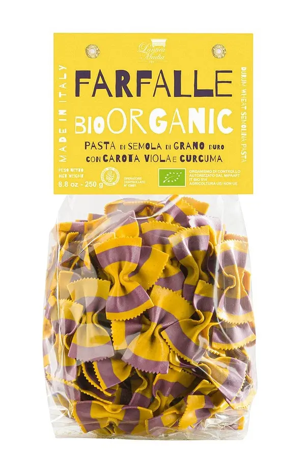 Farfalle mit Kurkuma und violetter Karotte Bio